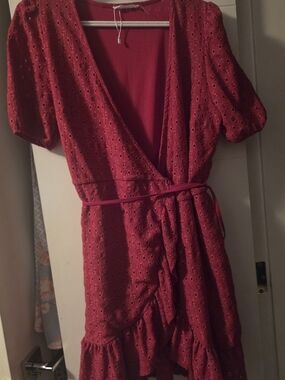 Deep Red Eyelet Wrap Mini Dress with Tie Waist